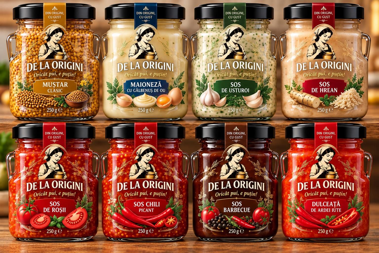 Gama De La Origini: muștar clasic, maioneză cu gălbenuș de ou, sos de usturoi, sos de hrean, sos de roșii, sos chili picant, sos barbecue și dulceață de ardei iute, borcane de 250 g